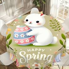 1pc Easter Bunny Holding Eggs Round Tablecloth, "HAPPY SPRING" Spring-Themed Dining Room Decor, Washable Round Table Cover For Daily Dining Room And Living Room, Suitable For Easter Holiday, Outdoor Picnics - 100% Polyester - Multicolor - View 8