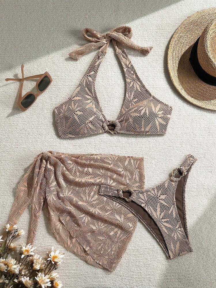 Women's Crochet Knit Backless Bikini Set, Decorated With Gold Rings, Comes With Cover-Up Skirt, Backless Tie Swimwear, Stretchy Casual Beach Outfit Vacation Summer - Coffee Brown - View 2
