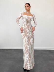 女士蕾丝拼接性感收腰派对鸡尾酒会长袖连衣裙 - 白色 - 查看 1