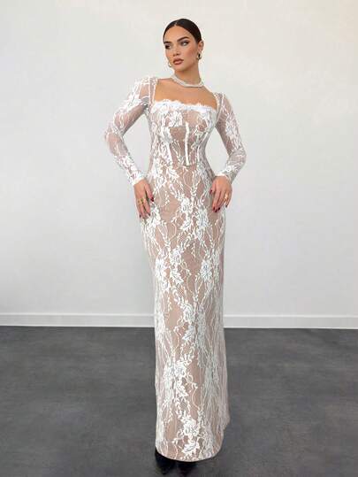 Vestido de fiesta de manga larga con encaje y parches, ceñido a la cintura, para mujer