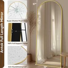 Full Length Mirror, 57"X19" Arch Floor Mirror, Floor Standing Mirror Freestanding Arch Full Body Mirror With Stand For Bedroom, Hanging Mounted Mirror For Living Room Cloakroom Home Decor Back To School Room Decor School Supplies - Vàng - Xem 3