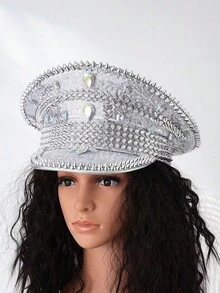 Punk-Style, Glittery Sequined Rhinestone Captain's Hat, Colorful Rave Disco Party Hat, Studded Cap, Costume Accessory For Women - 銀色 - 查看 3