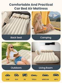 Car Backseat Inflatable Mattress Portable Travel Mattress Thickened Vehicle Camping Mattress Universal Inflatable Mattress Includes Electric Air Pump And 2 Pillows Mattress Dimensions: 51 X 31.5 Inches Suitable For Car Backseats, Picnics, Camping, Home Use (Beige) - Vertical Stripes - View 2