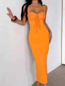 Onicee 夏季连衣裙，橙色蕾丝拼接吊带开衩优雅连衣裙，适合情人节、约会、聚会、派对、旅行、度假、海滩等场合。 - 橘色 - 查看 2