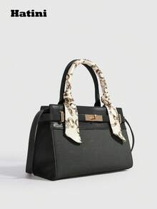 Bolso de mano tipo Kelly de moda con diseño de patchwork, bolso cuadrado pequeño con cierre de giro, bolso de hombro para ir al trabajo, bolso cruzado versátil, diseño de bloques de color vibrante, adecuado para ir al trabajo, citas, compras, ocio, vacaciones, festivales de música, fiestas - Negro - Ver 3