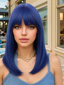 XOUJE 16-Inch Medium-Length Blue Straight Synthetic Wig For Women Comfortable And Natural Appearance Suitable For Fashionable Everyday Wear, Parties, Or Cosplay Photography Heat-Resistant Fiber Wig - Blue - View 2