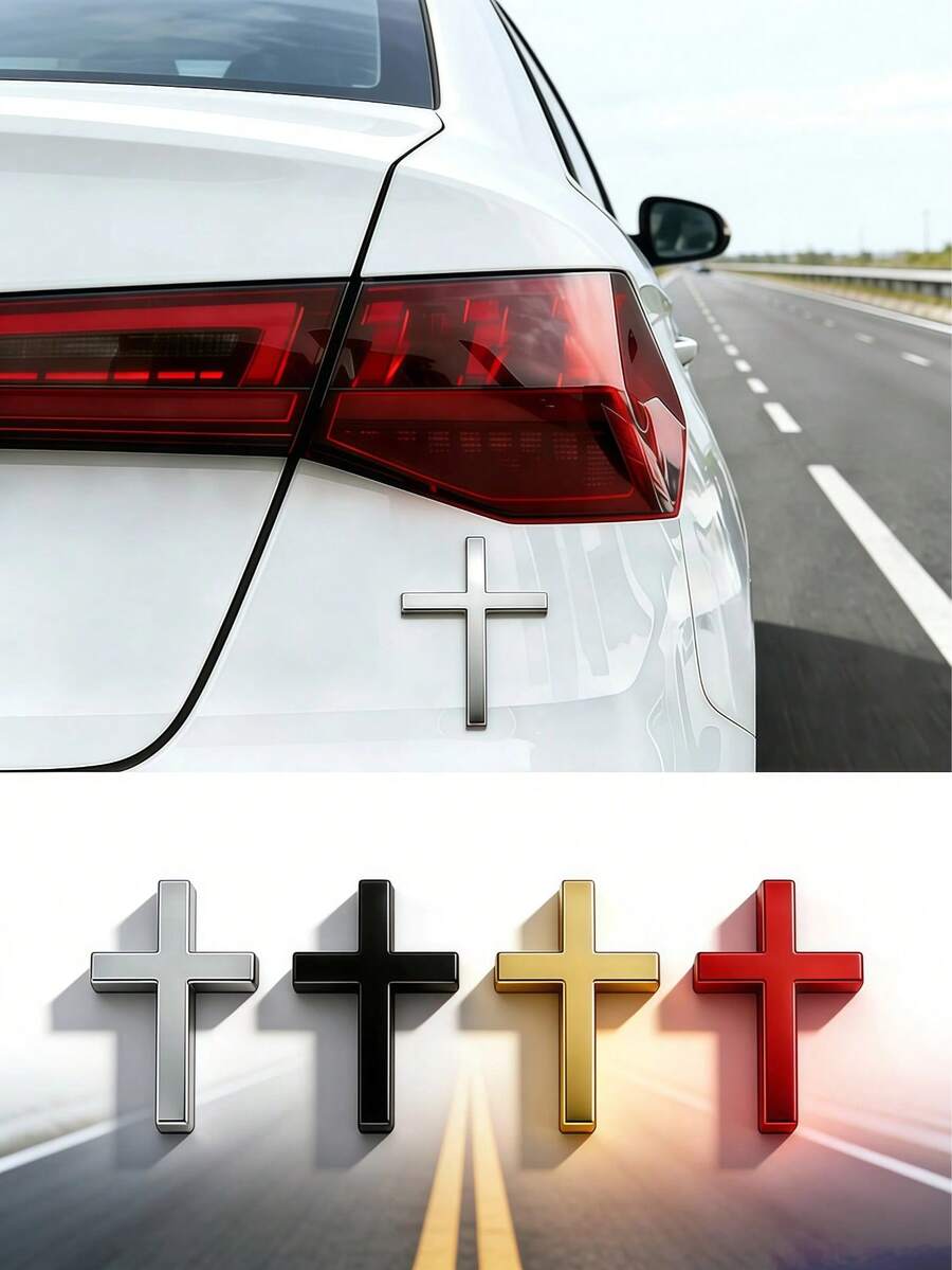 1pc 3D Metal Cross Car Sticker, Suitable For Rear Decoration, Scratch Protection, 3D Cross Car Decal - Durable Metal Tail Identification Decoration, Applicable To Cars, Motorcycles And Electric Vehicles - Universal Size Rear Tail Identification Sticker, Enhancing Visibility And Style, Vehicle Personalization, Smooth Metal Surface / 1pc Chrome Plating Decal Sticker, Zinc Alloy - Suitable For Cars, Motorcycles, SUVs, Refrigerators, Laptops - Fit For All Vehicle Types, Refrigerator Decoration | Polished Cross Design | Shiny Surface - A - View 1