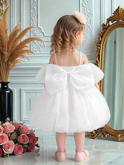 Baby Girls' Spaghetti Strap Off-Shoulder Solid & Ditsy Floral Mesh Princess Dress, Suitable For Birthday Party, Wedding, Flower Girl, Does Not Include Headband