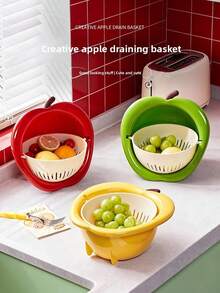 Large Plastic Double-Layer Double-Ear Drain Basket, Vegetable Washing Basin, Kitchen Fruit Basket - Red - View 4