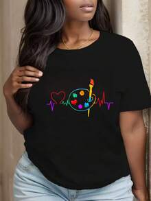 Ladies' Round Neck Printed T-Shirt, Heart Palette Brush Pulse Art Life Color Love Festival Party Outfits - Black - View 2