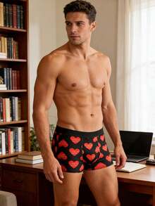 Men's Heart Print Boxer Briefs, Suitable As Valentine's Day Gift, Perfect For Boyfriend, Husband, Wedding, Confession, Daily Wear - Black - View 3
