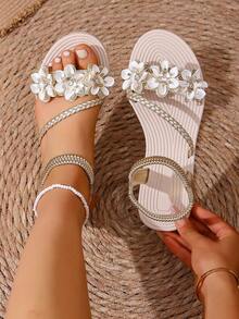 Sandalias planas de mujer con banda elástica con flores, remaches y cristales, de unicolor, para el verano. Sandalias de playa elegantes y versátiles para vacaciones. - Dorado - Ver 9