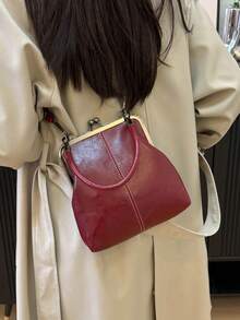 复古仿皮斜挎包，女士复古风吻锁迷你手提包，配有可调节肩带，纯色轻便都市手提包，涤纶内衬，情侣礼物，新年礼物 - 酒紅色 - 查看 3