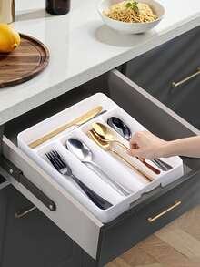 1pc Flatware Organizer Box, Silverware Storage Box, Kitchen Drawer Storage Tray, Flat Cutlery Organizer, Made Of Plastic PP Material, Suitable For Kitchen Countertop, Cabinet Drawer Storage, Compartment Organizer For Utensils, Chopsticks And Tools - White - View 3