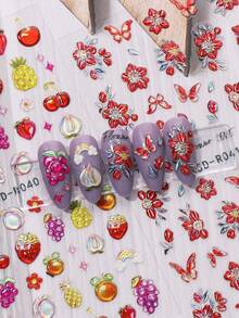 4pcs Spring/Summer Floral, Butterfly, Fruit 3D Nail Art Stickers, Vintage Delicate Design, 5D Exquisite Stickers, Suitable For Valentine's Day, Easter, Music Festivals, Wedding Season, Carnival Themes, Easy To Apply, For Nail Decoration, DIY, Holiday Gifts, Y2K Style Nails Nail Supplies - Multicolor - View 4
