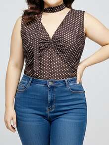 1Pcs Plus Size Women's Ruched Tank Top With Scarf - Sleeveless V-Neck Layering Vest, Dot Print Streetwear For Summer, Festivals  Casual Outfits - Brown - View 5
