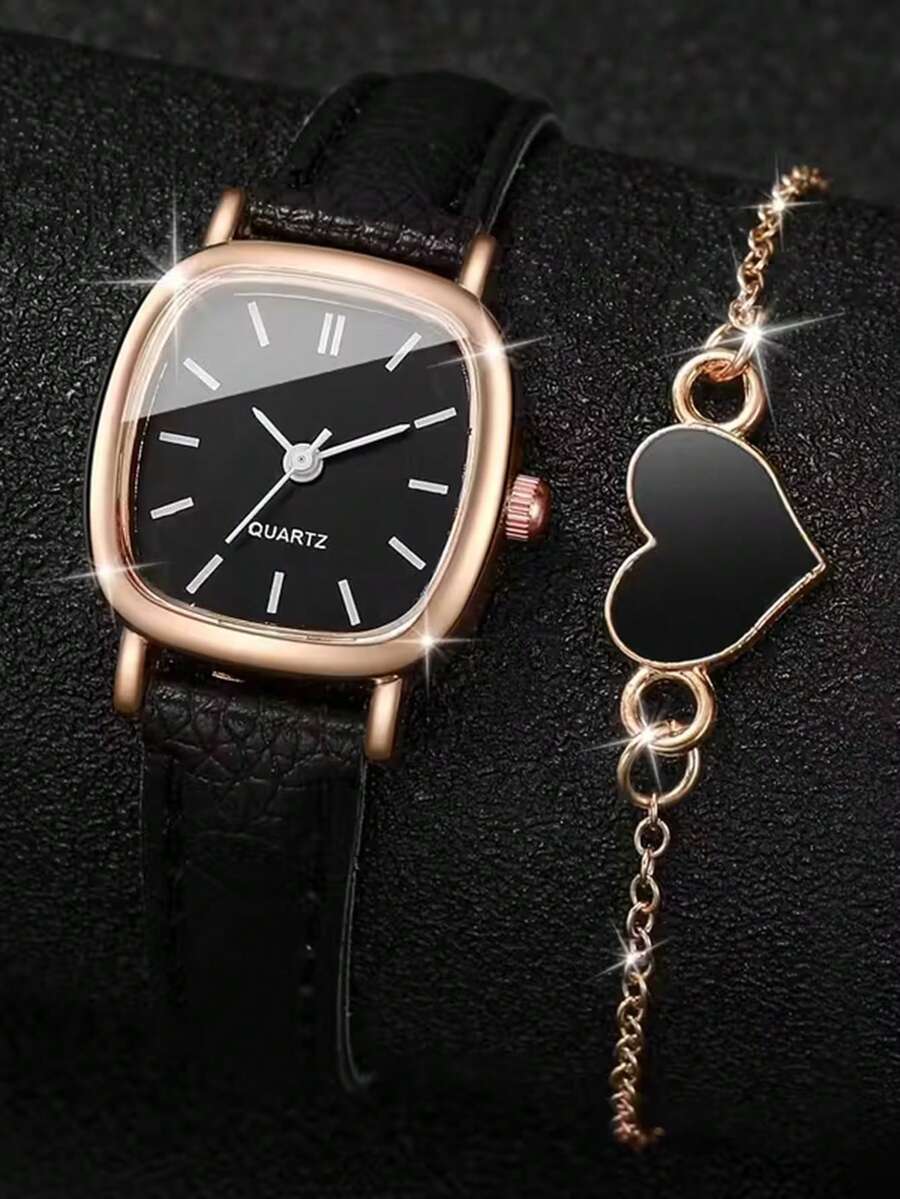 Women's PU Leather Watch Fashion Casual Square Digital Dial Elegant Quartz Wristwatch + Heart Bracelet (2pcs/Set) Not Including Watch Box - Black - View 1