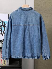 少女休闲时尚雪花水洗半拉链刺绣心形牛仔上衣，适合节日、四季穿着