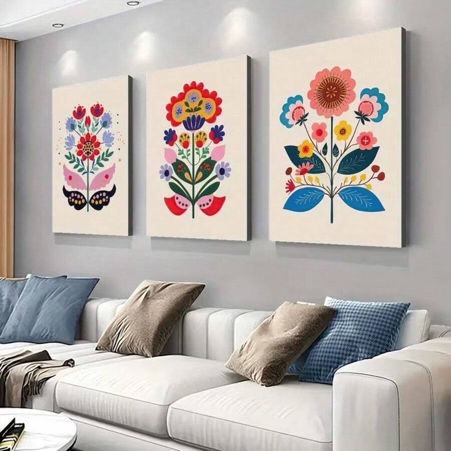 Bộ 3 tranh canvas nghệ thuật dân gian hoa lá Bắc Âu, tranh in trang trí hoa lá hiện đại kiểu Bắc Âu, thích hợp cho phòng ngủ, phòng khách và ký túc xá, trang trí nhà cửa, màu sắc tươi sáng, quà tặng hoàn hảo, tranh treo tường phòng ngủ, trang trí nhà kiểu Bắc Âu, trang trí tối giản. - Nhiều màu - Xem 1