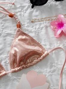 Bộ bikini nữ mùa xuân/hè mới, chất liệu vải ánh kim, đính hạt lấp lánh, gợi cảm và ngọt ngào, thích hợp cho bãi biển, kỳ nghỉ và các bữa tiệc ngày lễ, màu hồng. - Hồng - Xem 5