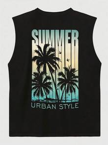 1件男士夏季休闲椰树英文印花圆领背心 - 黑色 - 查看 3