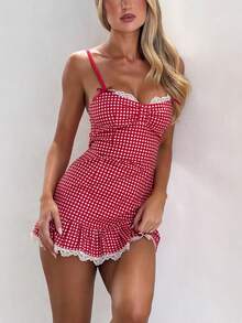Women's Plaid Gingham Lace Cami Dress Sleeveless Going Out Mini Dresses Sundress - 紅色 - 查看 2