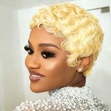 4 Inch Fingerwave Pixelated Curly Wig, Brazilian Remy Human Hair 613 Blonde Full Lace Wig, Deep Wave Curly Rose Net Cap - S613 - View 11