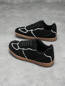 Women's Casual Sneakers, Low-Top Round Toe Lace-Up Solid Color Lace Trim Fashion Personalized Sexy Lady Gump Shoes, Outdoor Stylish Versatile Comfortable Lady Training Shoes - Black - View 4