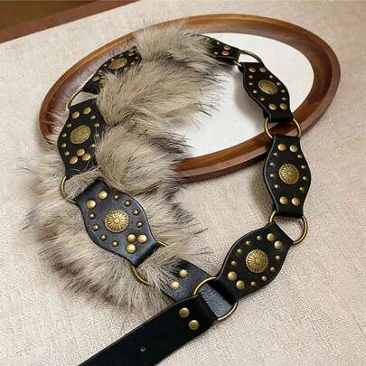 Unique Design Leather Waist Chain With Fur Buckle, Rivet, Butterfly Decor, Fashionable Waist Accessory