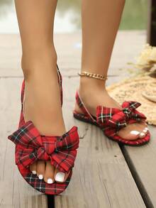 蝴蝶结格子沙滩风女士休闲舒适甜美平底凉鞋，适合度假、情人节穿着 - 紅色 - 查看 5