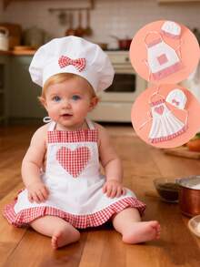 2pcs Red Plaid Baby Chef Outfit Set, Newborn Photography Prop, Includes Heart-Shaped Apron And Hat, Suitable For Studio Shooting - Multicolor - View 2