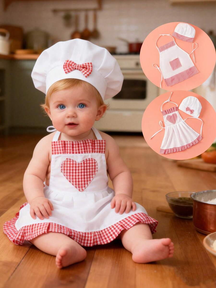 2pcs Red Plaid Baby Chef Outfit Set, Newborn Photography Prop, Includes Heart-Shaped Apron And Hat, Suitable For Studio Shooting