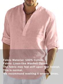 GLESTORE Men's Retro Vintage Coin Style Solid Color Roll-Up Sleeve Mandarin Collar Half-Button Shirt - Lightweight Breathable Henley Shirt, Classic Washed Cotton, Versatile Casual Style For All Seasons - Hot Pink - View 4