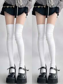 1/2/3 Pairs Breathable Moisture-Wicking Comfortable Sweet Embroidered Calf Socks, Collegiate Style Knee-High Socks - Multicolor - View 12