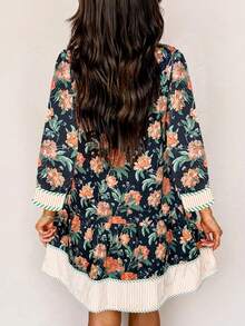 Acelitt Spring Women's Elegant Blue Floral Print Striped Edging V-Neck Long-Sleeved Ruffle Skirt Mini Dress - Multicolor - View 2