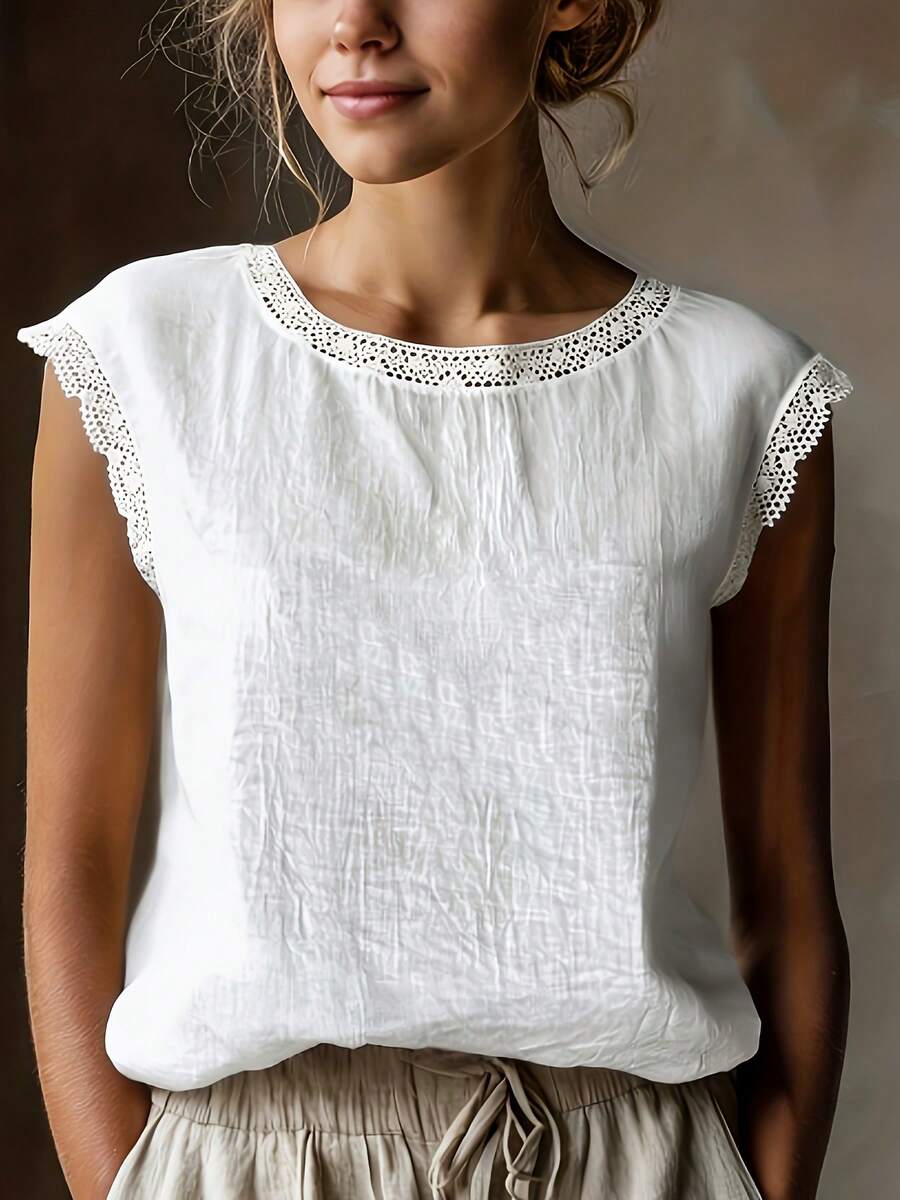 Áo thun ngắn tay kiểu vintage chất liệu giả vải lanh dành cho nữ, cổ tròn, dáng rộng, phối ren, chất liệu pha lanh thoáng khí, màu trắng thường ngày cho mùa hè. - trắng - Xem 1