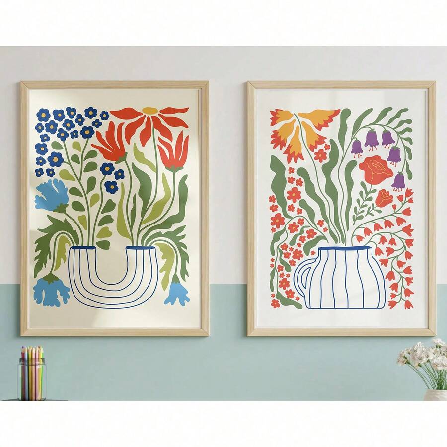 2 件套简约时尚花卉花瓶艺术画 – 带框帆布墙画，明亮装饰海报，适用于客厅书房 - 彩色 - 查看 1