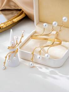 2 Stück/Set Europäischer & Amerikanischer Stil übertriebener geometrischer Hohllinien Perlen eingelegt Armband & Ring Schmuckset, elegante & charmante Accessoires geeignet für den täglichen Gebrauch, Partys, Urlaub - Gold+Weiß - Übersicht 4