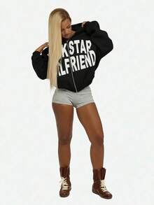 WOMEN Rockstar Girlfriend Full-Zip Cropped Hoodie Edgy Streetwear Y2K Aesthetic Statement Sweatshirt Fashion Oversized Rhinestone Embellished Hood Fall Winter Oversized Hooded Sweatshirt With Zip Front And Bold Letter Graphics For Casual Comfort  Rockstar Girlfriend Oversized Zip Up Sweatshirt Streetwear Loungewear Sports Casual Athleisure Cozy Hoodie Spring Fall Winter - 黑色 - 查看 3