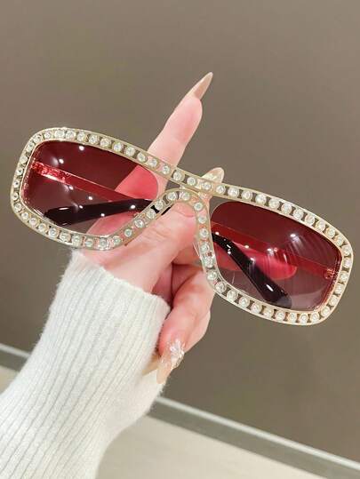 1pc Women's Hollow-Out Rhinestone Metal Big Frame Y2K Chic Casual Street Style Fashion Glasses, Vacation