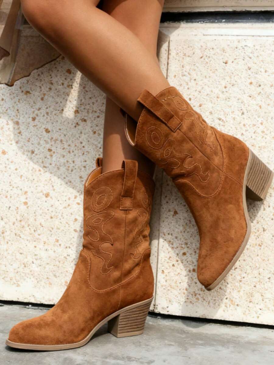 New Women Western Cowgirl Boots, Pointed Toe Embroidered Thick Heel Mid-Calf Fashion Boots - 摩卡棕 - 查看 1