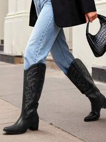 Womens Cowboy Boots Western Comfortable Chunky Heel Square Toe Fashionable Vintage Embroidered Cowgirl Knee High Boots - 黑色 - 查看 10