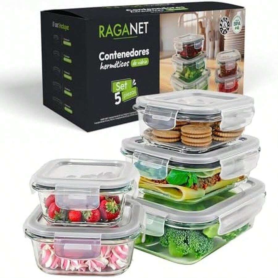 Raganet, Set de Contenedores Herméticos de Vidrio con Tapas de Alta Calidad, Capacidades Variadas para Almacenamiento de Alimentos (12 Contenedores)