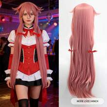 时尚女士超长直发粉色合成假发，带刘海、低马尾和两个红色蝴蝶结，采用耐热高温纤维制成，无需胶水，外观自然，适合节日派对、角色扮演、圣诞聚会、动漫服装等场合。舒适耐用，新手友好，是节日配饰的理想之选，尤其适合动漫展卡通人物造型，也是送给她的生日礼物。 - 彩色 - 查看 2