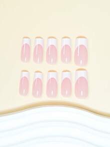 24片中号方形美甲贴片，提升您的时尚感！简约裸粉色底色，云白色宽边设计，经典清新白色条纹图案，全覆盖式假指甲，适合女性和女孩。内含1张贴纸和1条迷你果冻胶条。随机发货。 - 白色 - 查看 3