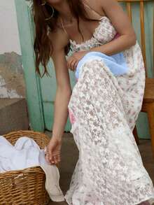 Women Ditsy Floral Contrast Lace Backless Sleeveless Halter Long Dress, Boho,Vacation, Wedding, Summer Dress, Vacation Outfits Women,Old Money,  Saint Patrick  St Patrick Day Outfit, Easter Dress Women,Backless Dress, Cowgirl Outfit, Wedding Dress - Multicolor - View 9