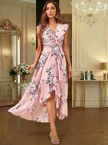 女士优雅印花中长连衣裙，V领，短袖，系带腰身，不对称荷叶边下摆 - 淺粉色 - 查看 3