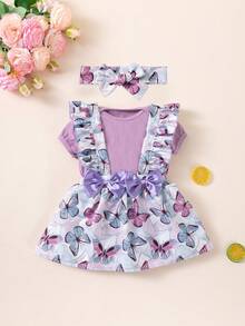 Set de 3 piezas de ropa de primavera/verano para niñas, incluye body con moño, vestido con estampado de mariposa y falda de tirantes, adecuado para fiestas, uso en casa y al aire libre - Morado Violeta - Ver 14