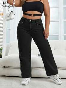 Quần jeans nữ cỡ lớn kiểu boyfriend màu đen, dáng suông, đính đinh tán - Quần denim phong cách đường phố cổ điển. - màu đen - Xem 1