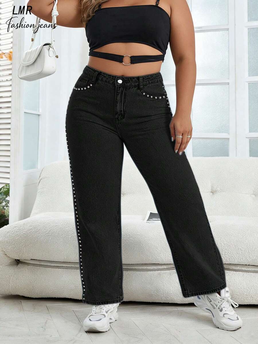 Quần jeans nữ cỡ lớn kiểu boyfriend màu đen, dáng suông, đính đinh tán - Quần denim phong cách đường phố cổ điển. - màu đen - Xem 1